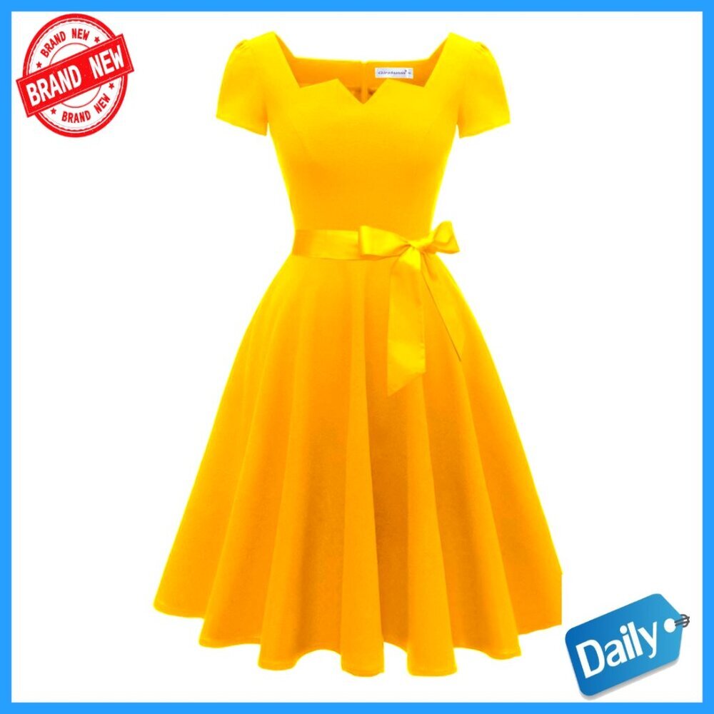 Classic Tea Dress Short Sleeve Swing Cocktail Party Dress with Pockets